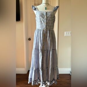 Shabby Chic Blue White Checkered Peasant Dress Embroidery Tiered Button Sz  US 2